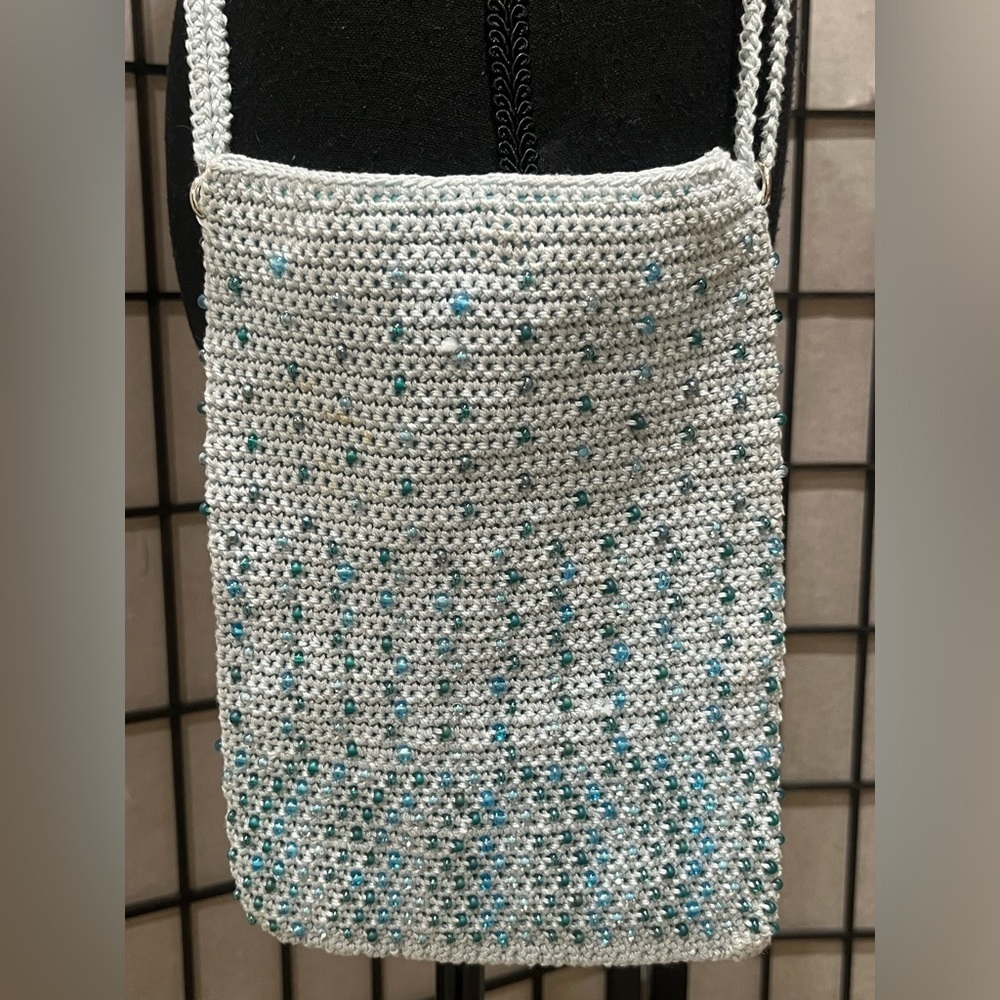 Beaded CROCHET BAGE, in Light Blue, BOHO, HIPPIE, 10x 7 with 21” drop strap.